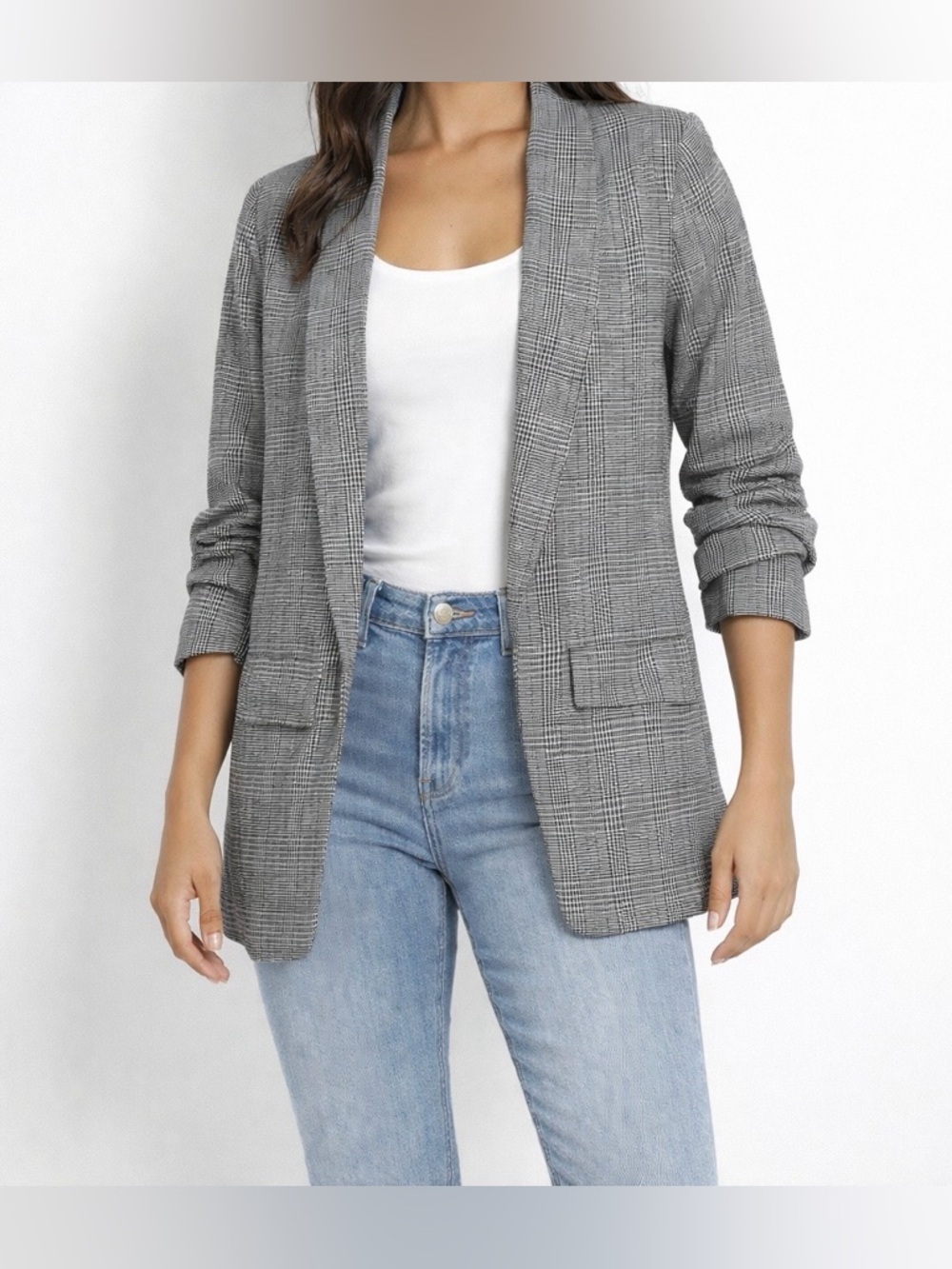 Shinestar Black & White Checkered Gathered Sleeve Blazer Size S